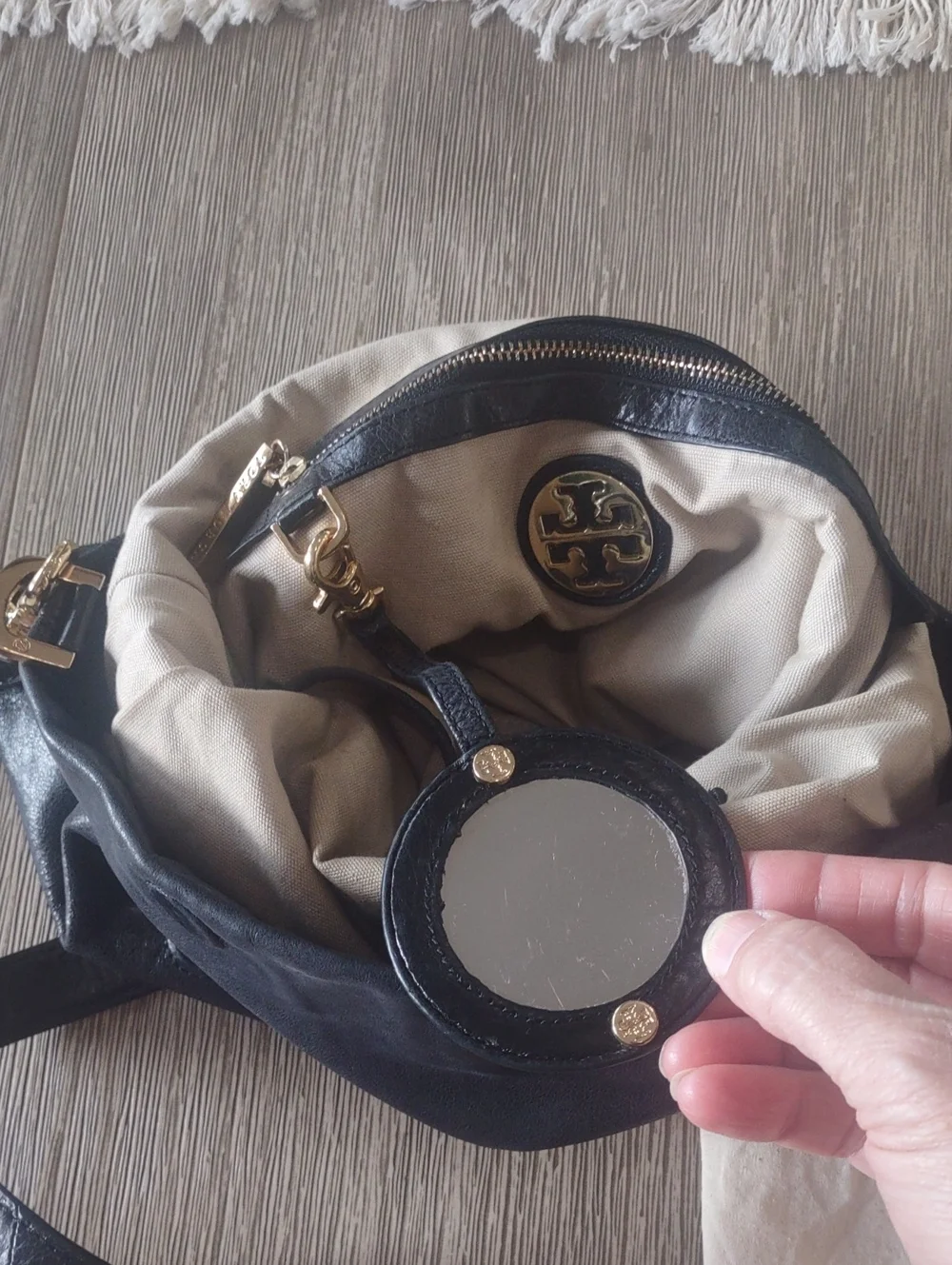Tory Burch Black Leather Fold-Over/Convertible Crossbody with Gold Tone Logo